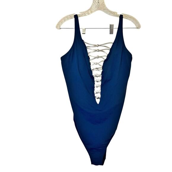 Bleu Rod Beattie Knotty Lace Down One-Piece Swimsuit Navy/Silver Size 18W NWT - Picture 7 of 12